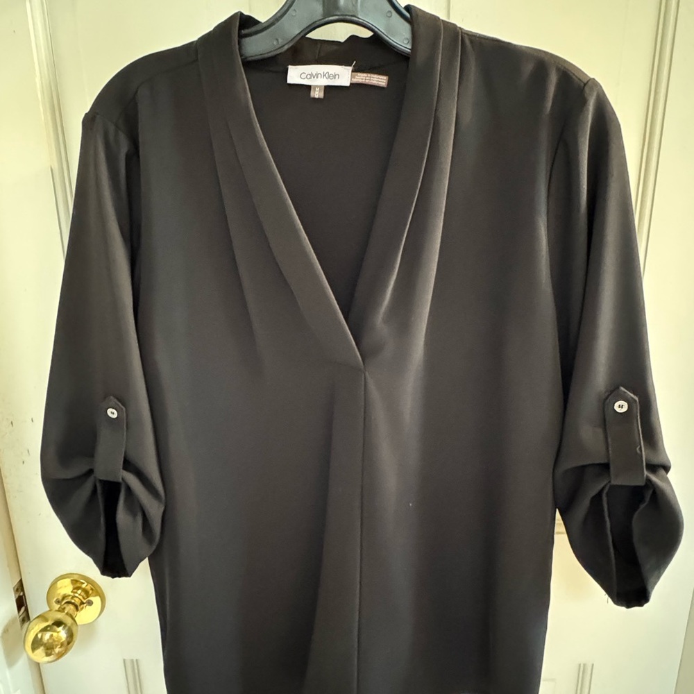 Calvin Klein Women's Black Blouse with Roll-Up Half Sleeves